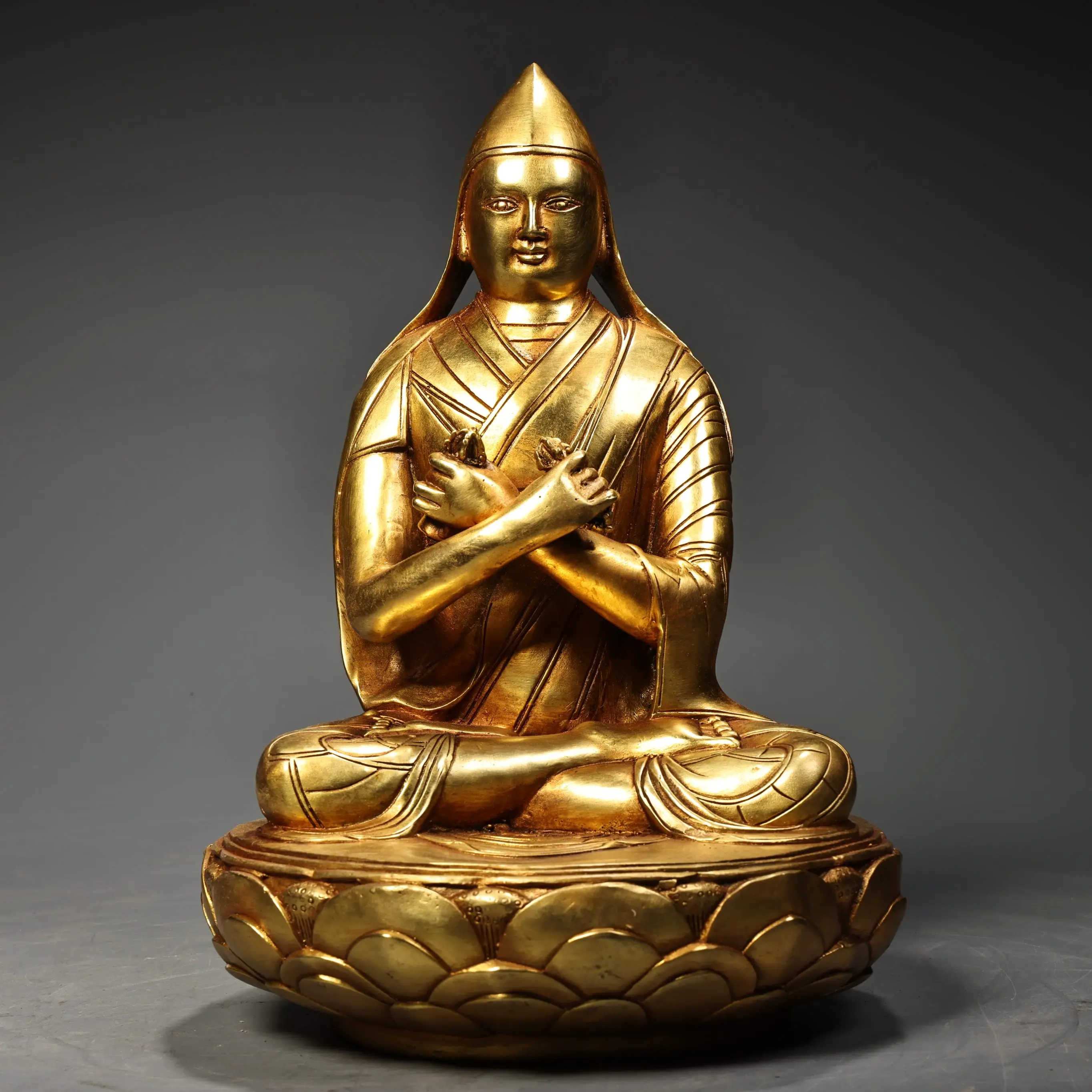 

10"Tibetan Temple Collection Old Bronze Gilded Cinnabar High Relief tsongkhapa Buddha Lotus TerraceAmitabha Worship Hall