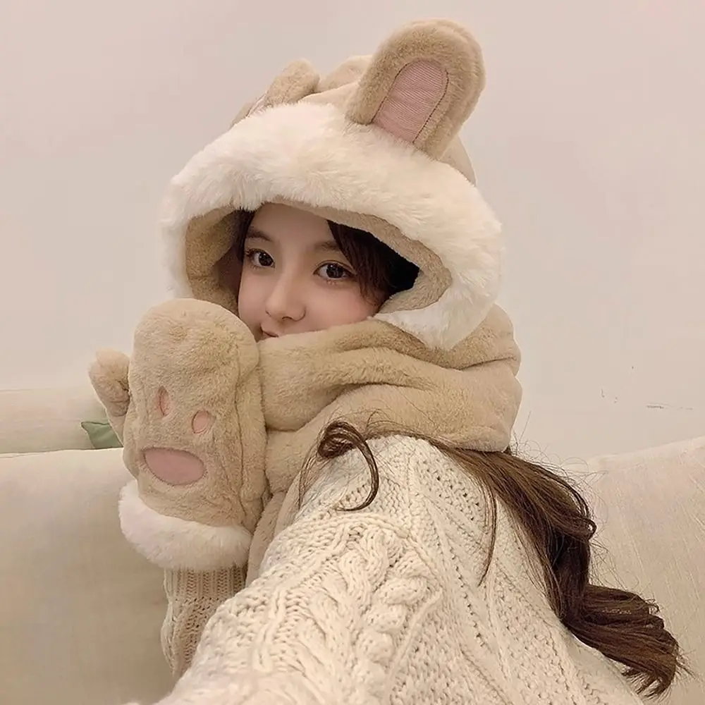 Winter Warm Hat Scarf Gloves Set Comfortable Cute Rabbit Brimless Warm Scarf Ear Protection Hat Women Girls