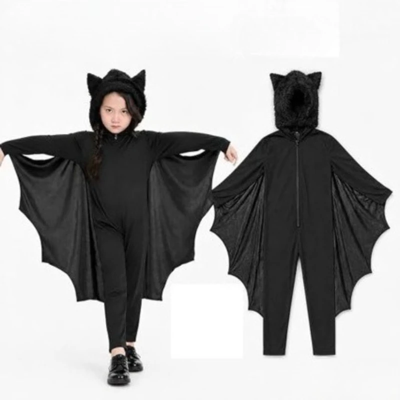 2026 Children's Black Bat Shaped Vampire Black Hooded Halloween Role Playing Jumpsuit