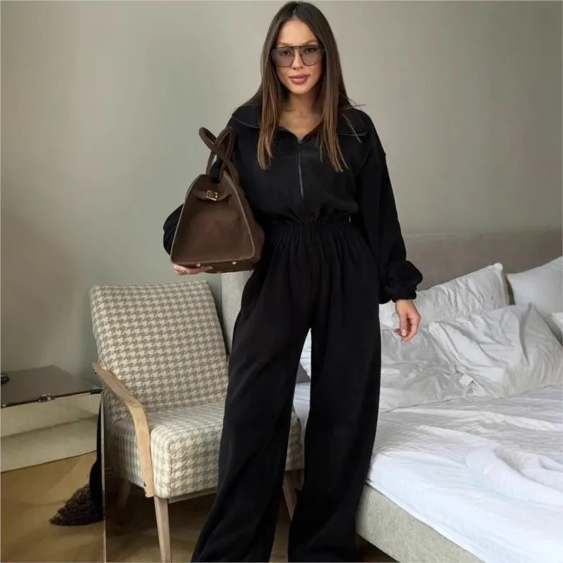 2025 New Women's Long-Sleeve Jumpsuit Casual Half-Zip Elastic Waist Set for Spring & Autumn Soft Stretch Fabric Comfort Fit