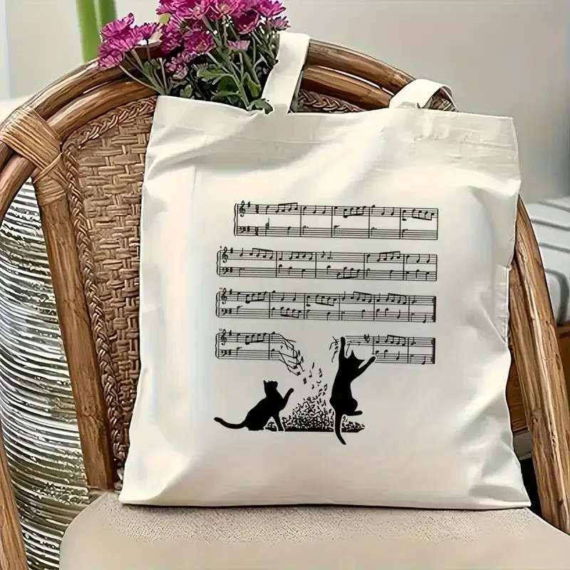 1Pcs Cat Playing Music Canvas Tote Bags Large Capacity Durable Handbag For Women Shopping Work Study Daily Use Trendy Fashion