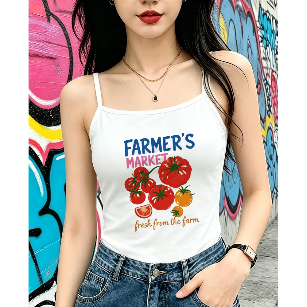 Women Funny Food Print Camisole Summer Farmers Market Letter Tank Top Cute Vegetable Sleeveless Vest Y2K Aesthetic Crop Top