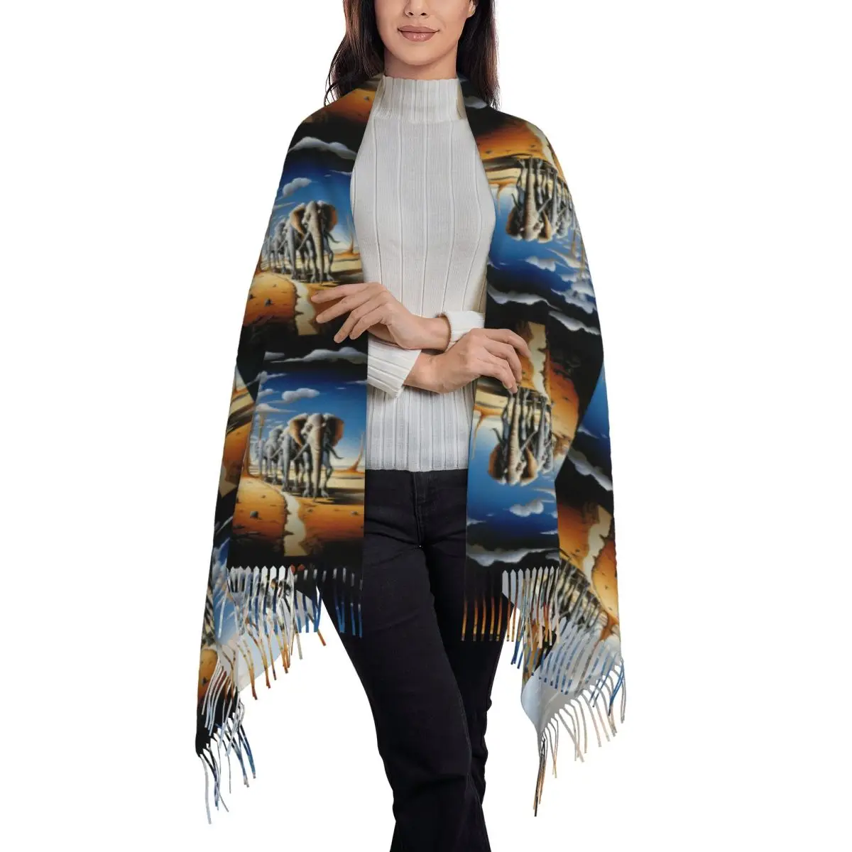 Large Swans Reflecting Elephants By Salvador Dali Scarf Tassel Scarves for Women Soft Warm Shawls Wraps Fall Winter Shawl Wrap