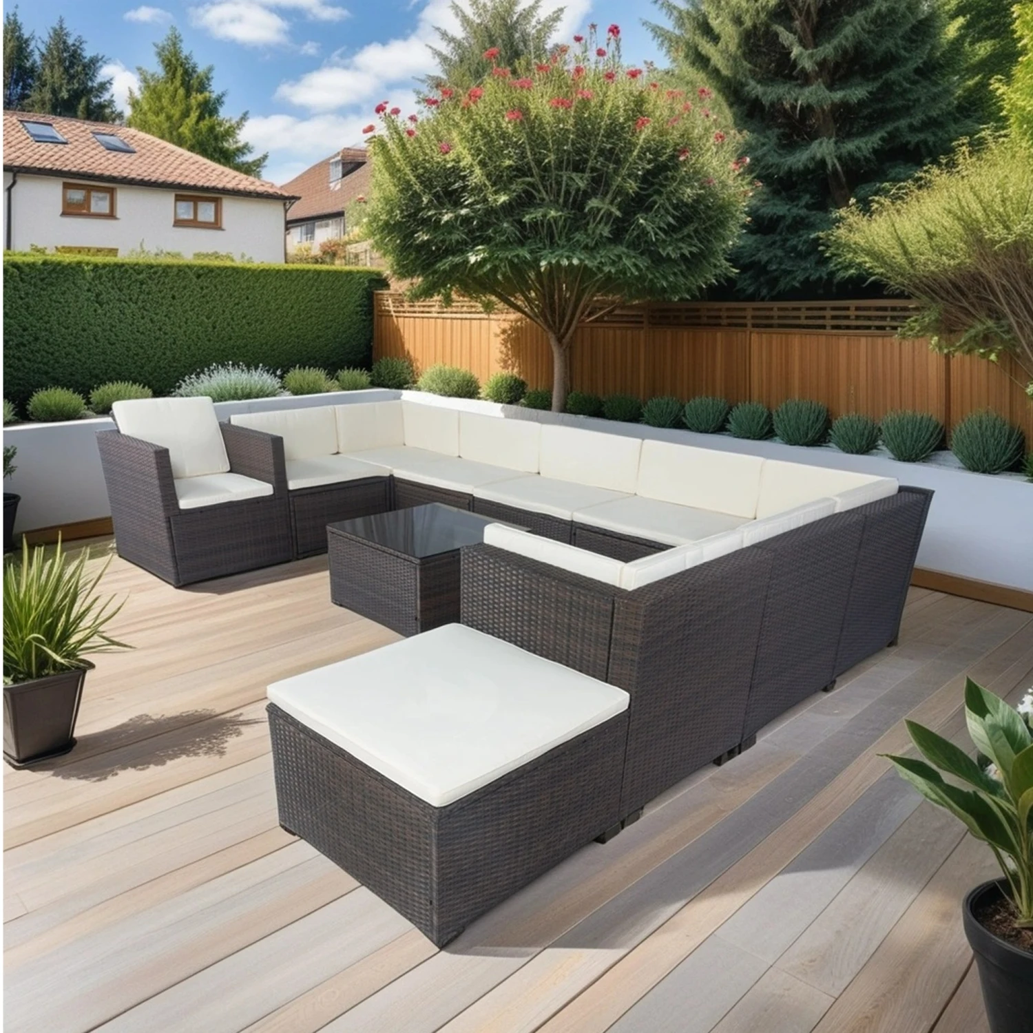 

11 Piece patio Wicker Conversation Set, 10 Seater Patio Sectional Set with 3 Storage Box Under Seat Brown Wicker + White Cushion