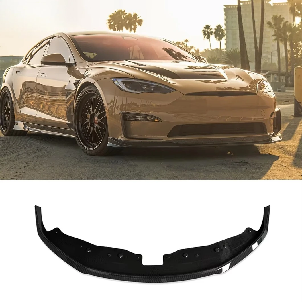 PU-design Dry Carbon Fiber Front Lip for Tesla Model S 2022 2023 2024 Bumper Upgrade V Style Body Kit