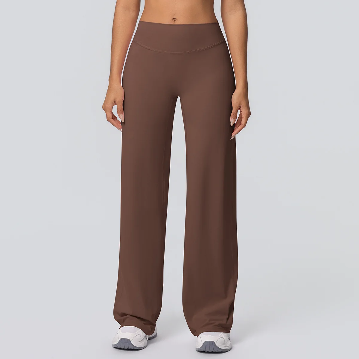 Women Solid Color Double Sided Brushed High Waist Wide Leg Yoga Pants Loose Breathable Flared Trousers For Sports Running Fitnes