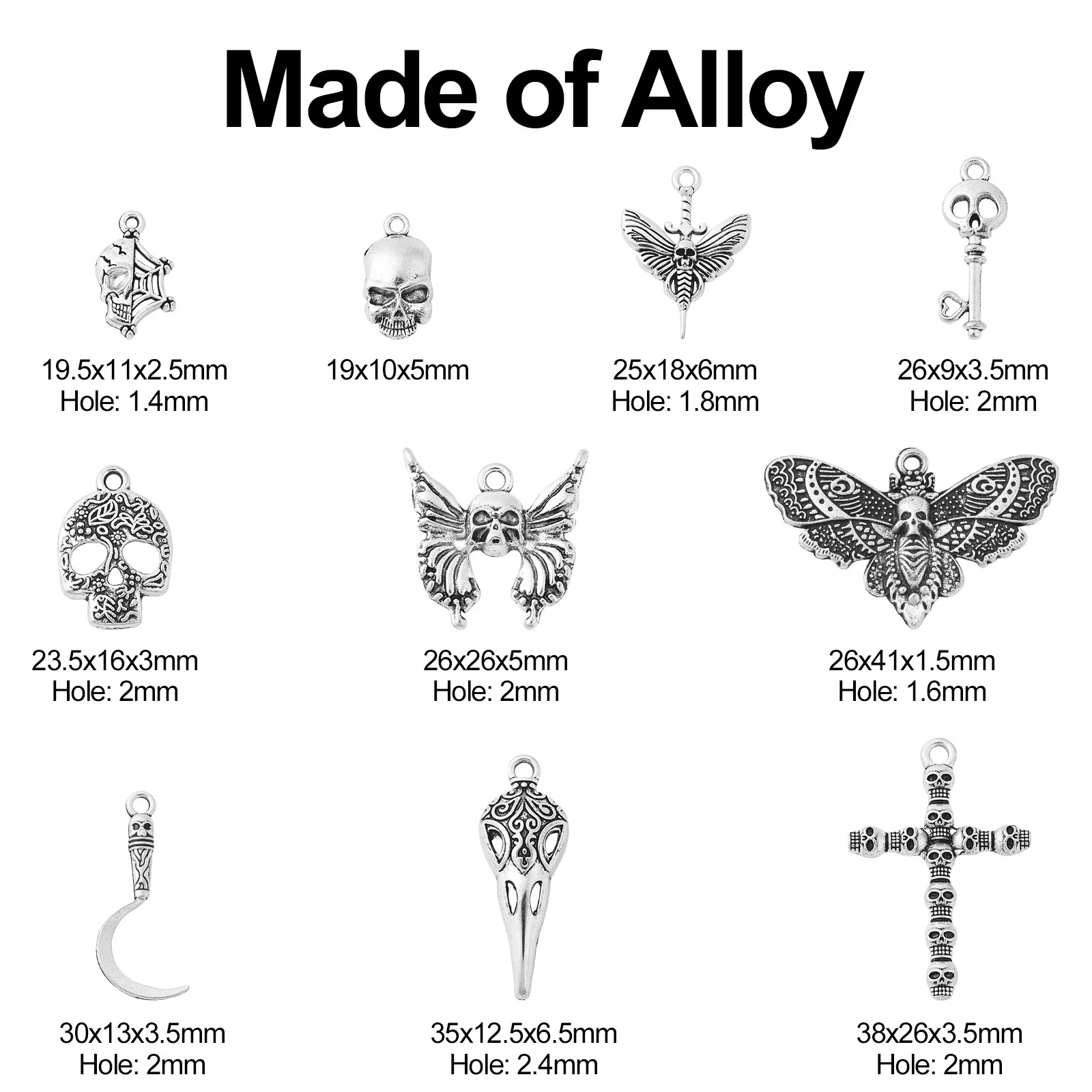 Pandahall 50Pcs 10 Styles Tibetan Halloween Charms Vintage Skull Head Butterfly Key Cross Charms for Jewelry Making Accessories