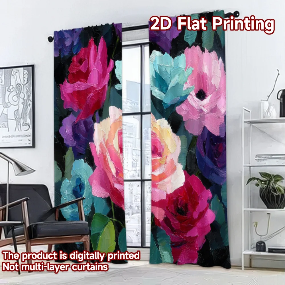 2D Flat Printing,2pcs Colorful Rose Bouquet Fashionable Popular Curtains Versatile Polyester Fabric Curtains Decorations