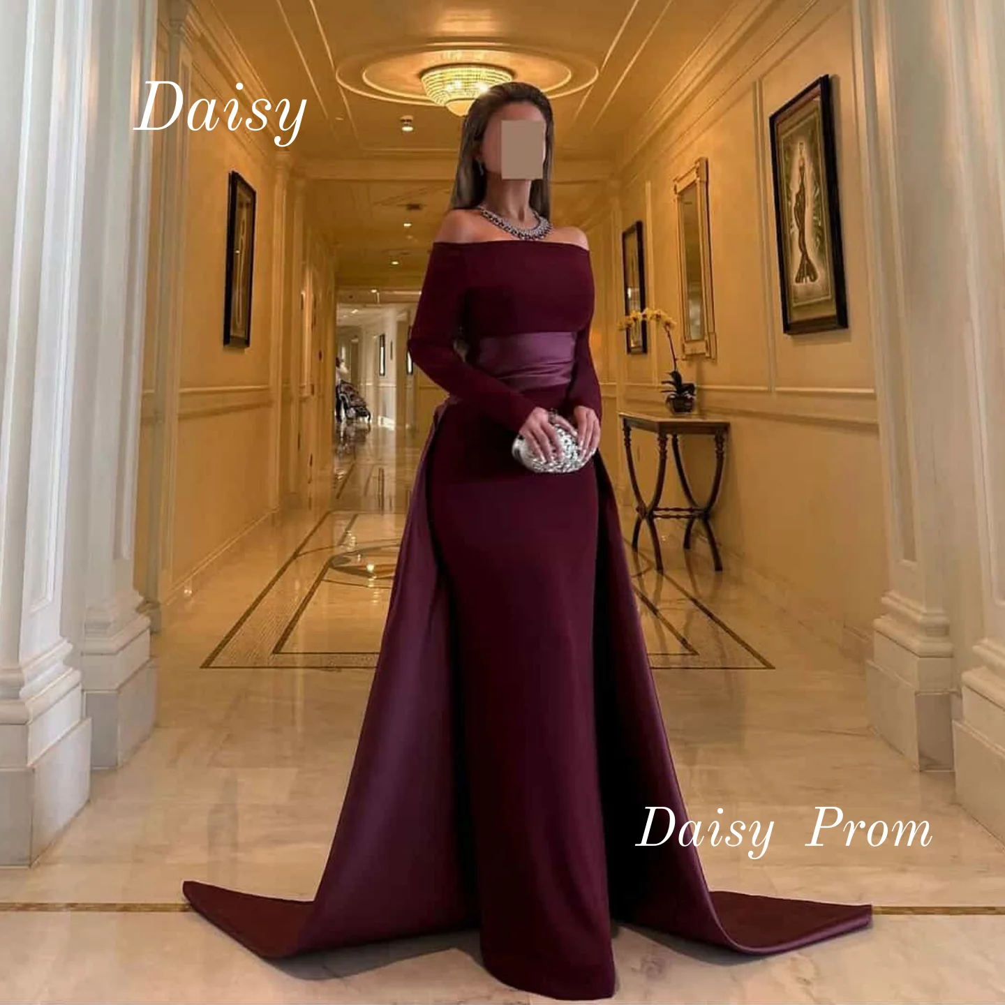 

Burgundy Satin Evening Dress Delicate Boat Neck Off the Shoulder Customized Fashion Long Sleeves Party Dress Soft Celebrity Gown