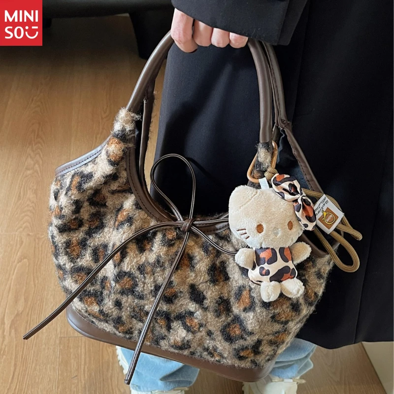 Bolso de mano de leopardo coreano Miniso, bolso de hombro con asa de lazo de felpa para ir al trabajo