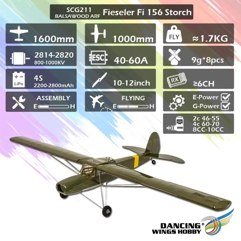 ใหม่ SCG21 Fieseler Fi 156 Storch 1600 มม. (63 ") Balsa Storch Balsa ARF PNP RC เครื่องบินฟิล์มครอบคลุมสําเร็จรูป