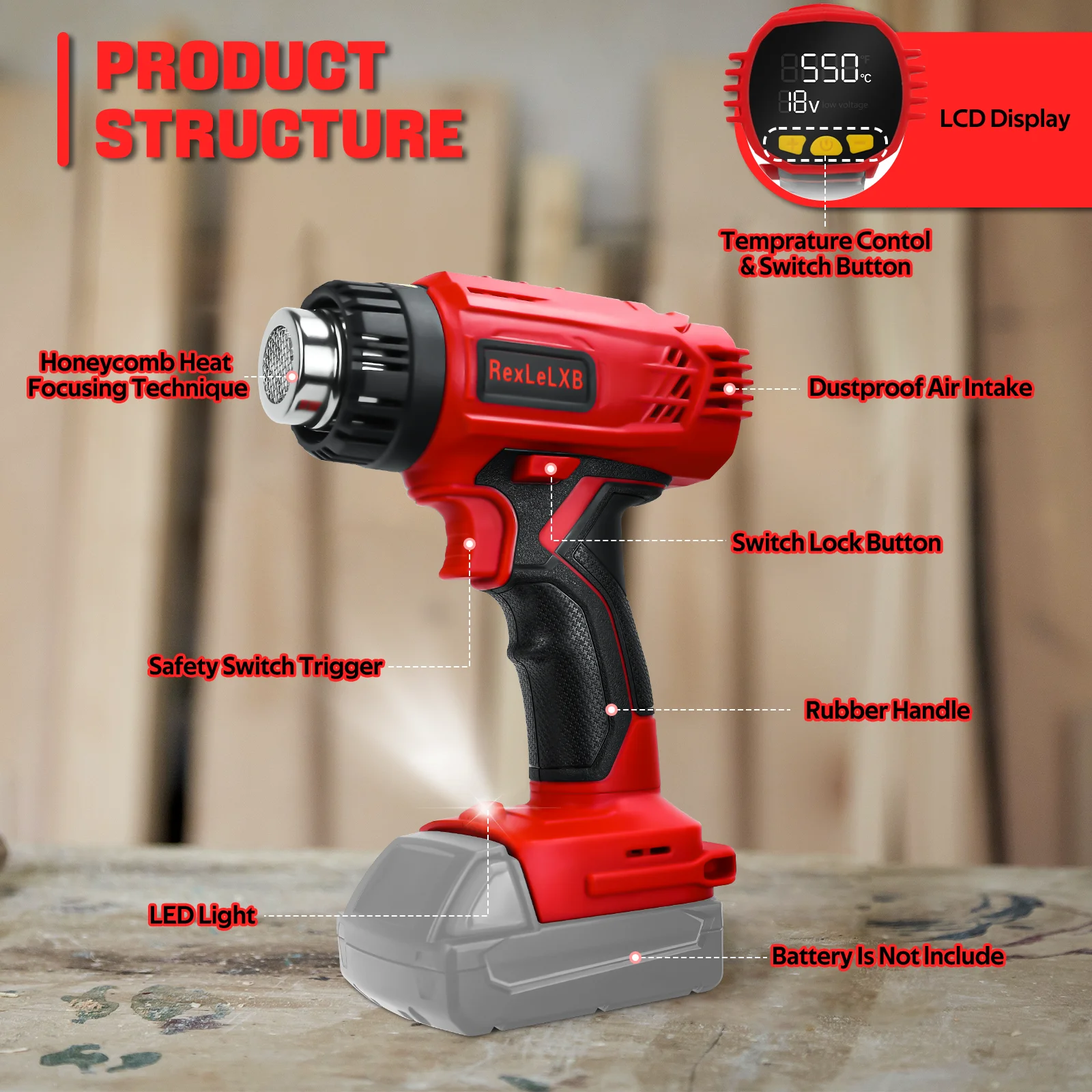 Cordless Heat Gun 50℃~550℃ Variable Temperature with LCD Digital Display Hot Air Gun for Milwaukee 18V Battery (No Battery)