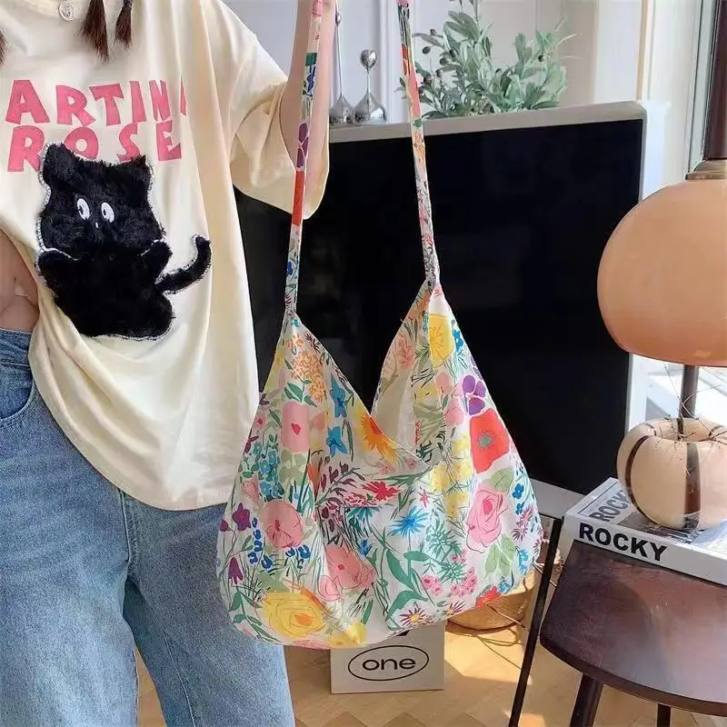 Summer Small Fresh Floral Crossbody Bags Female 2024 New Korean Canvas Bag Printed Retro One-shoulder Tote Bag