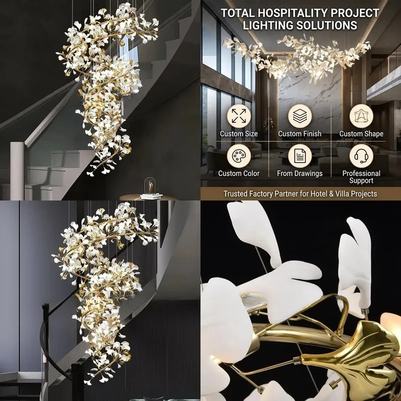Natural Ginkgo Biloba Shaped Ceramic Chandelier Large Luxury Lighting for Hotel Villa Lobby Lounge Project