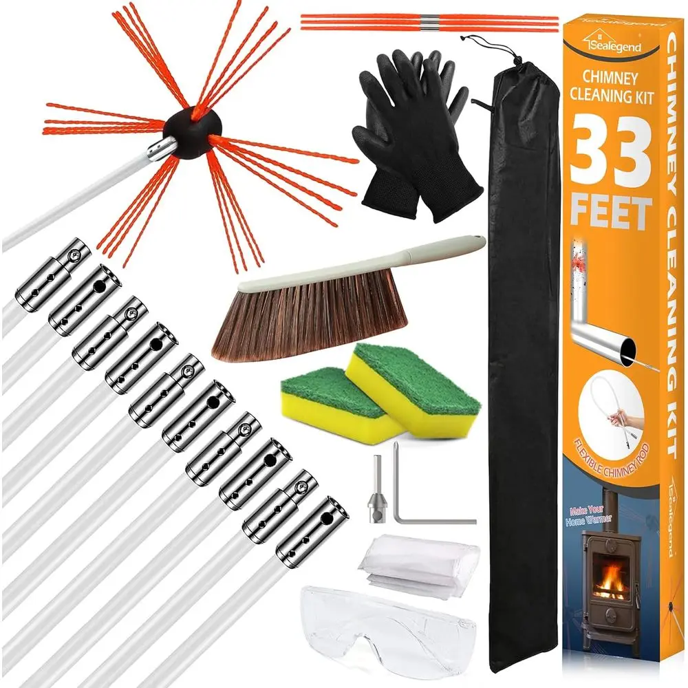 Chimney Cleaning Kit with 10 Flexible Rods, Chimney Brush, Sweep Kit, and Cleaning Logs Tools Set