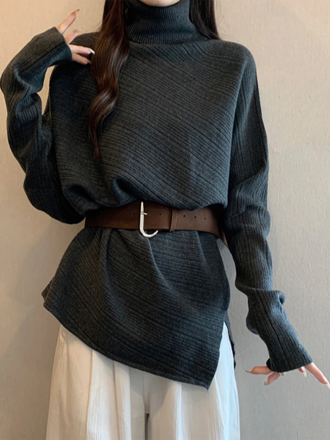 

Высококачественный вязаный свитер Feel High Ne Long Sve, женский топ больших размеров с нерегулярной застежкой на талии