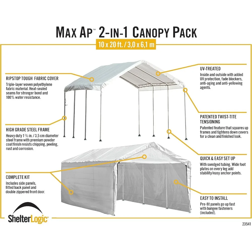 Grande kit de garagem portátil com gabinete, estrutura de aço resistente, dossel ao ar livre, gazebo ou tenda de garagem, 2 em 1, 10 pés x 20 pés