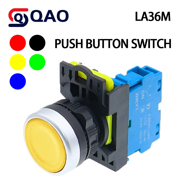 

22mm LA36M Plastic Push Switch Easy Plane Momentary Button Power Self-Locking Start 1NO/1NC Red Yellow Blue Green White Black