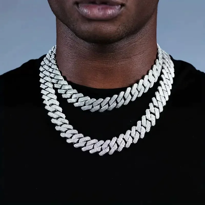 1Set 20-Inch Double-Drain Cuban Chain Unisex Edition Sparkling Diamond-Shaped Hip-Hop Style Cuban Necklace Jewelry