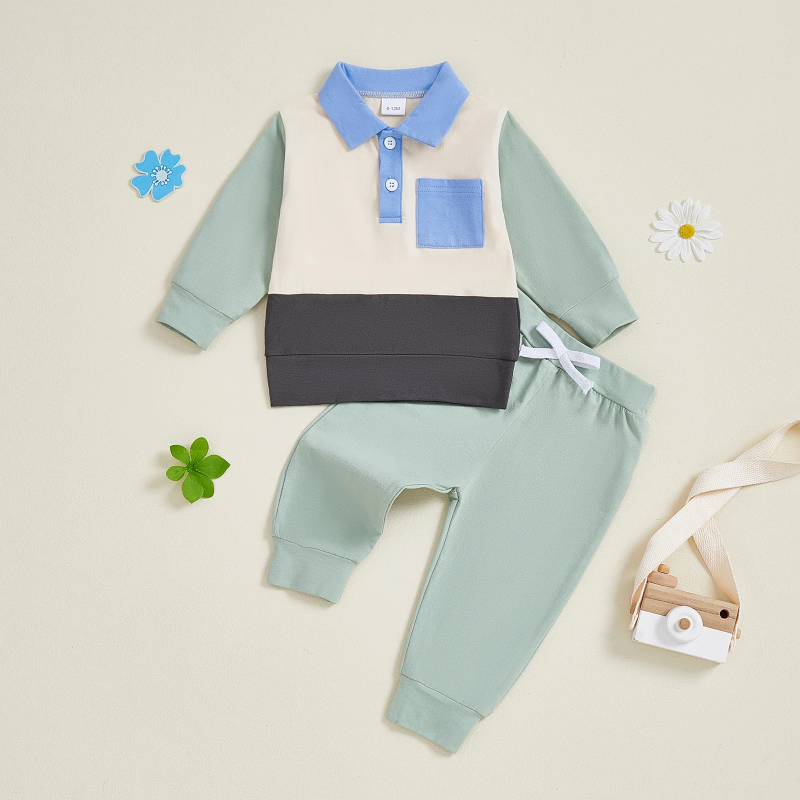 

Baby Boy Fall 2 Piece Outfits Fashionable Long Sleeve Turndown Collar Patchwork Tops and Elastic Waist Pants Set