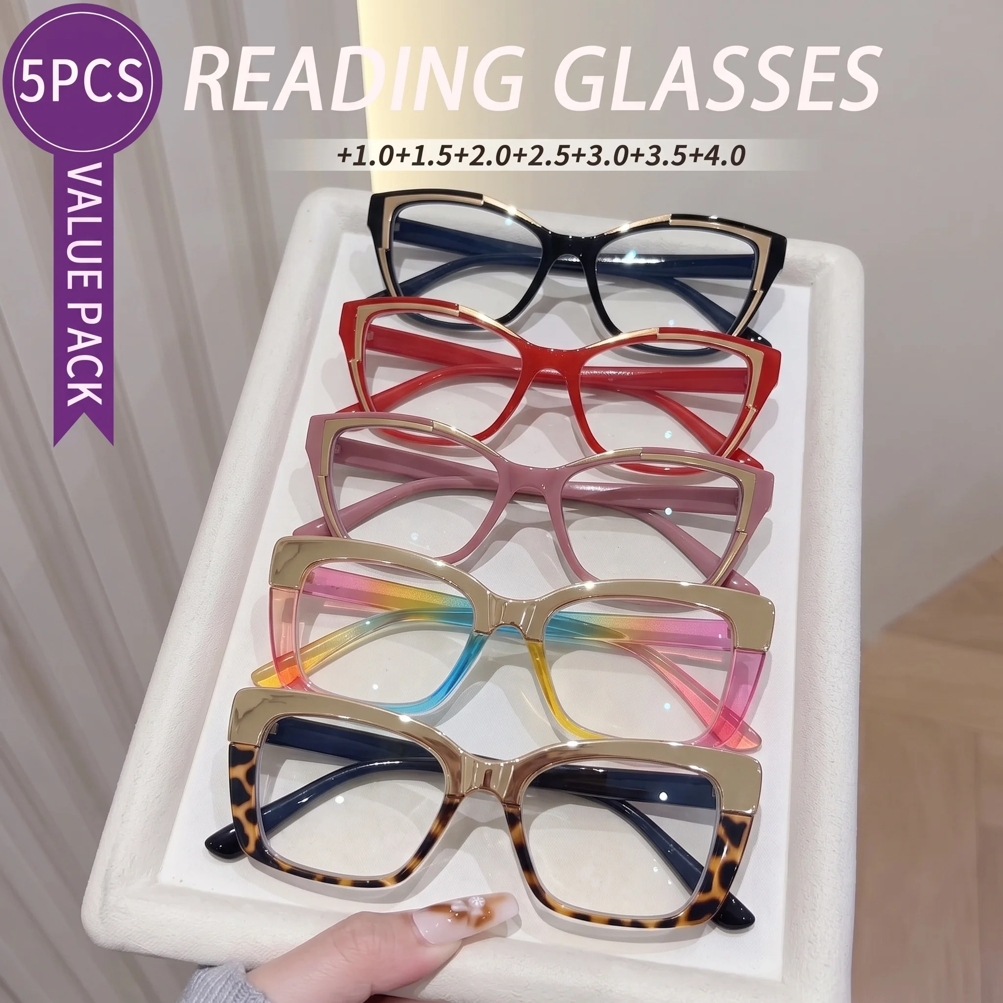 5-Pack of Stylish Classic Square High-End Spring Hinge Small Frame Trendy Cat-Eye Glasses for Enhancing Appearance and Reducing Age Appearance, High-Definition Reading Glasses, Lightweight and Portable, Suitable for Daily Use at Home, Office, or When Going Out, Available in Prescriptions from +1.0 to +4.0