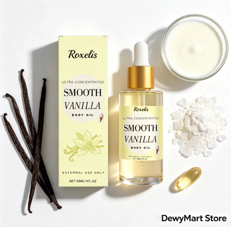 

ROXELIS Smooth Vanilla Body Oil, Ultra Concentrated, Light Texture, Moisturizing & Nourishing for Soft, Radiant Skin
