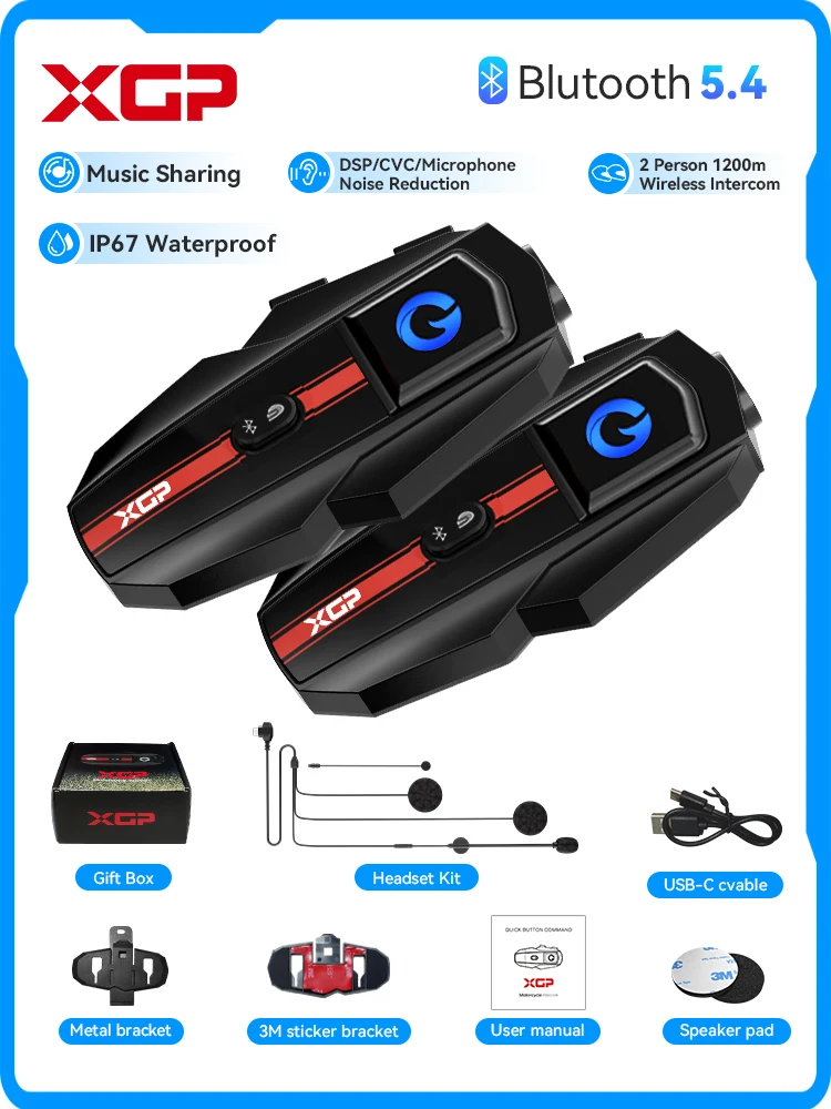 XGP Motorrad-Intercom Helm Bluetooth-Headset Sprachsteuerung DSP/CVC/Mikrofon Geräuschunterdrückung 1000mAh Motorrad-Zubehör