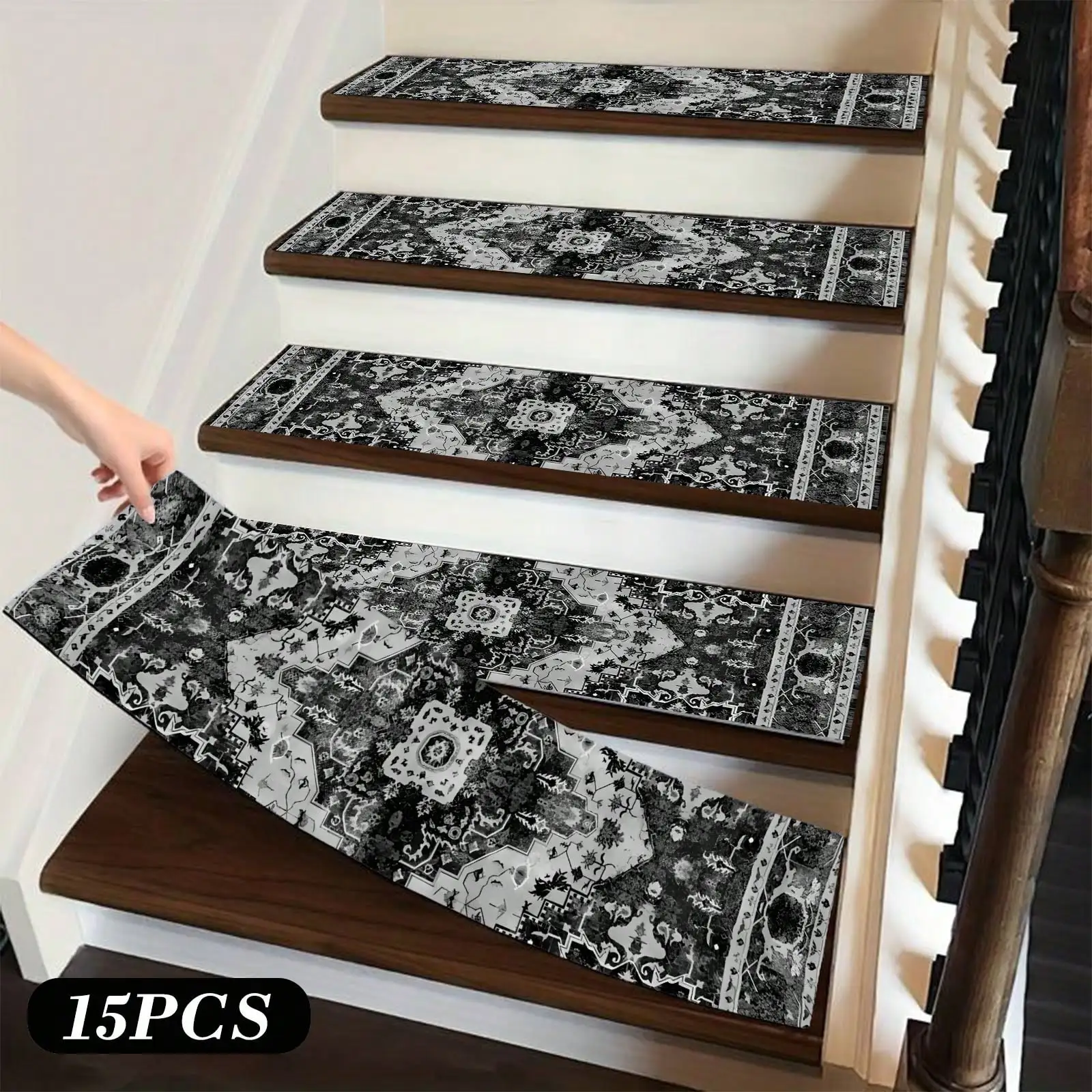Non-slip stair treads (8 x 30 inches), self-adhesive carpet treads with TPE non-slip backing; washable and cuttable