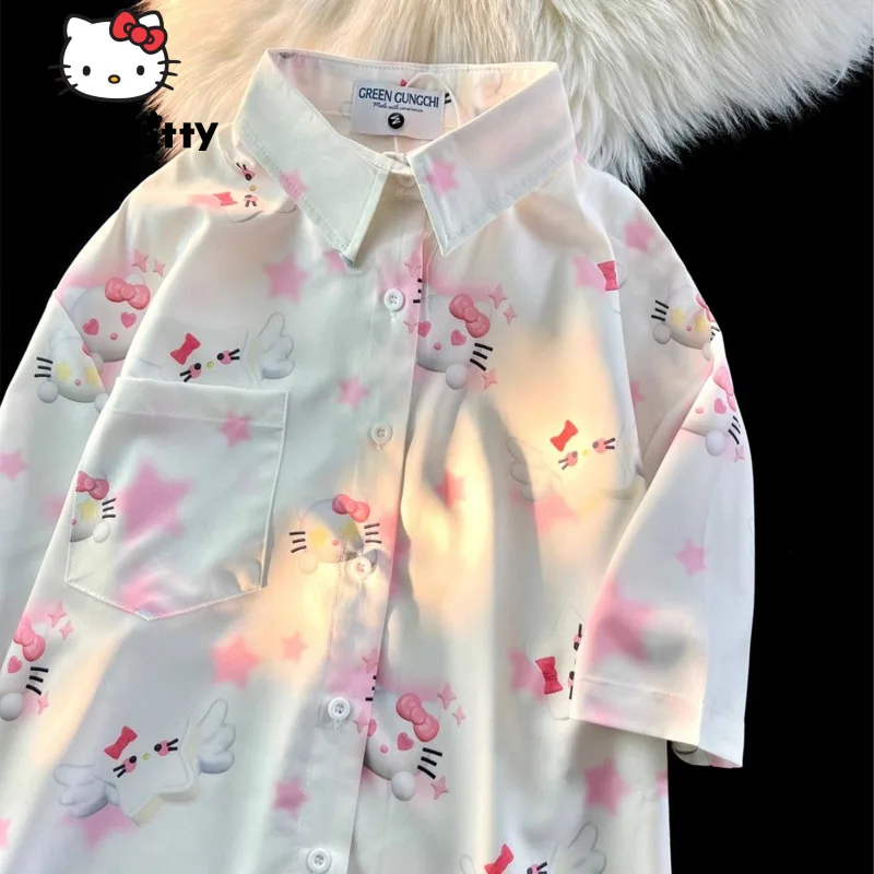 Sanrio Hello Kitty Y2k Kawaii Clothes Cartoon Print Summer Button Up Shirts For Women Casual Collar Blouse Y2k Korean Style Tops