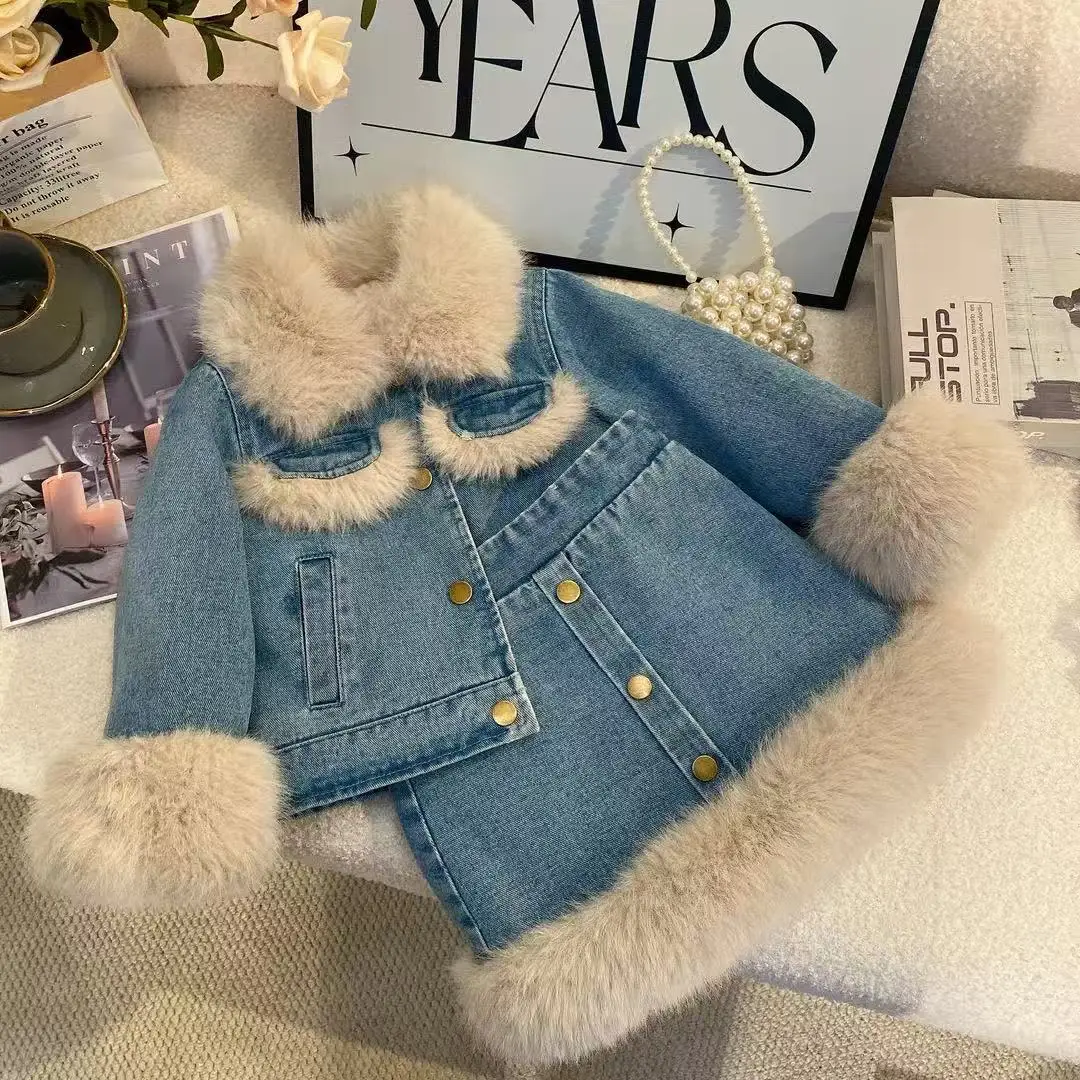 1-9 Years Autumn and Winter Girls Velve Denim Set Korean Edition New Children's Thick Coat With Cotton Half Skirt Two Piece Set