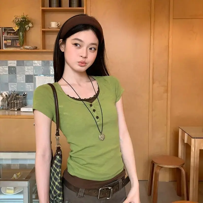 Spring and summer women's clothing new slim and thin green coffee fake two-piece lace splicing short-sleeved T-shirt