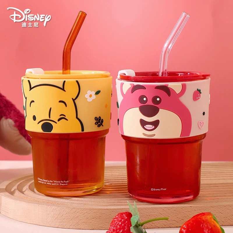 New 2024 Disney Mickey Minnie Mouse Kawaii Water Bottle Cute Daisy Lotso Winnie Glass Cup With Straw Double Glass Double Glass