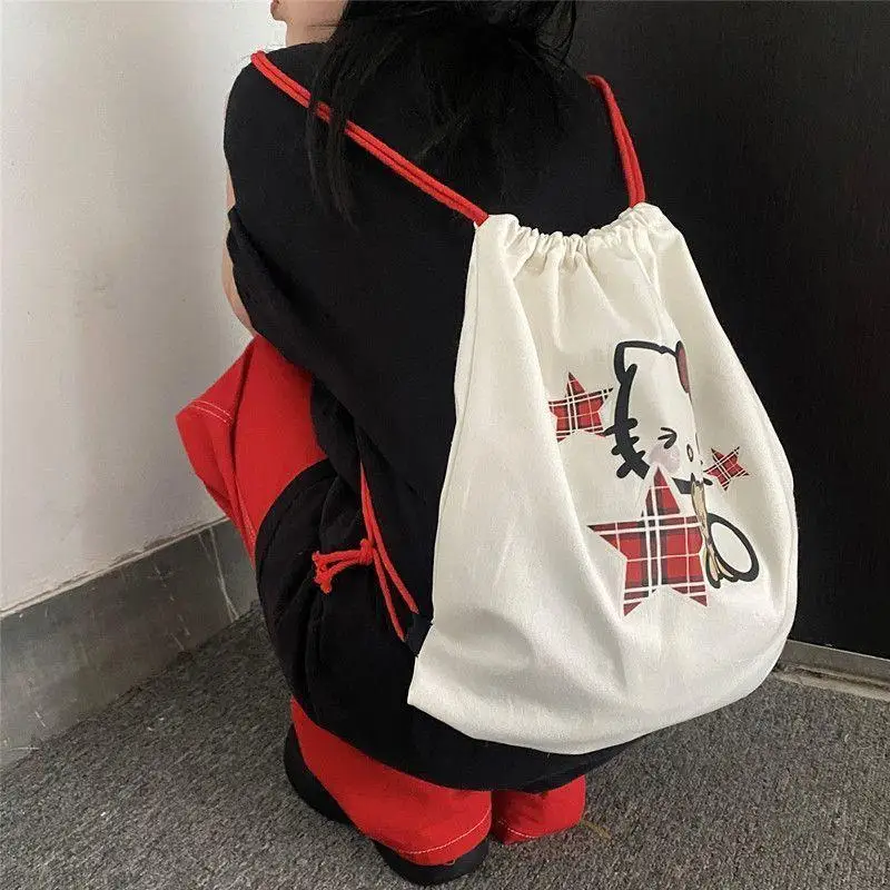 New Kawaii Cute Sanrio Hellokitty Bag Double Shoulder Canvas Bag Drawstring Bag Cartoon Cute Birthday Gifts Girlfriend Gifts