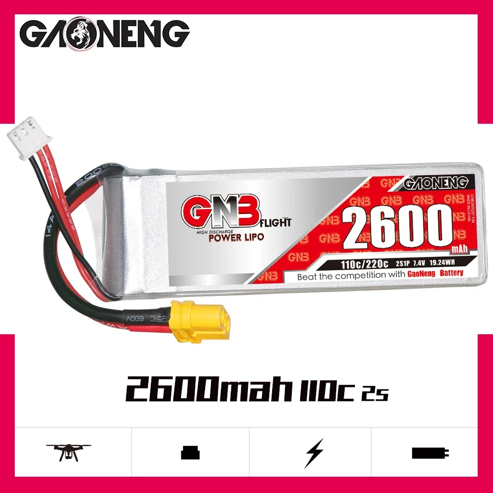 

GAONENG GNB 2600mAh 2S 110C 220C 7.4V XT60 LiPo Battery RC Boat Aerobatic Flight AeroPlane QuadCopter MultiCopter