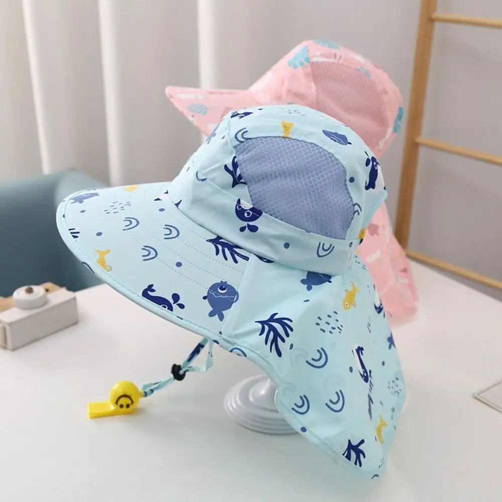 Bucket Cap Summer Baby Hat Neck Ear Cover Wide Brim Children's Sunscreen Hat With Whistle Anti UV Kids Beach Caps UV Protection