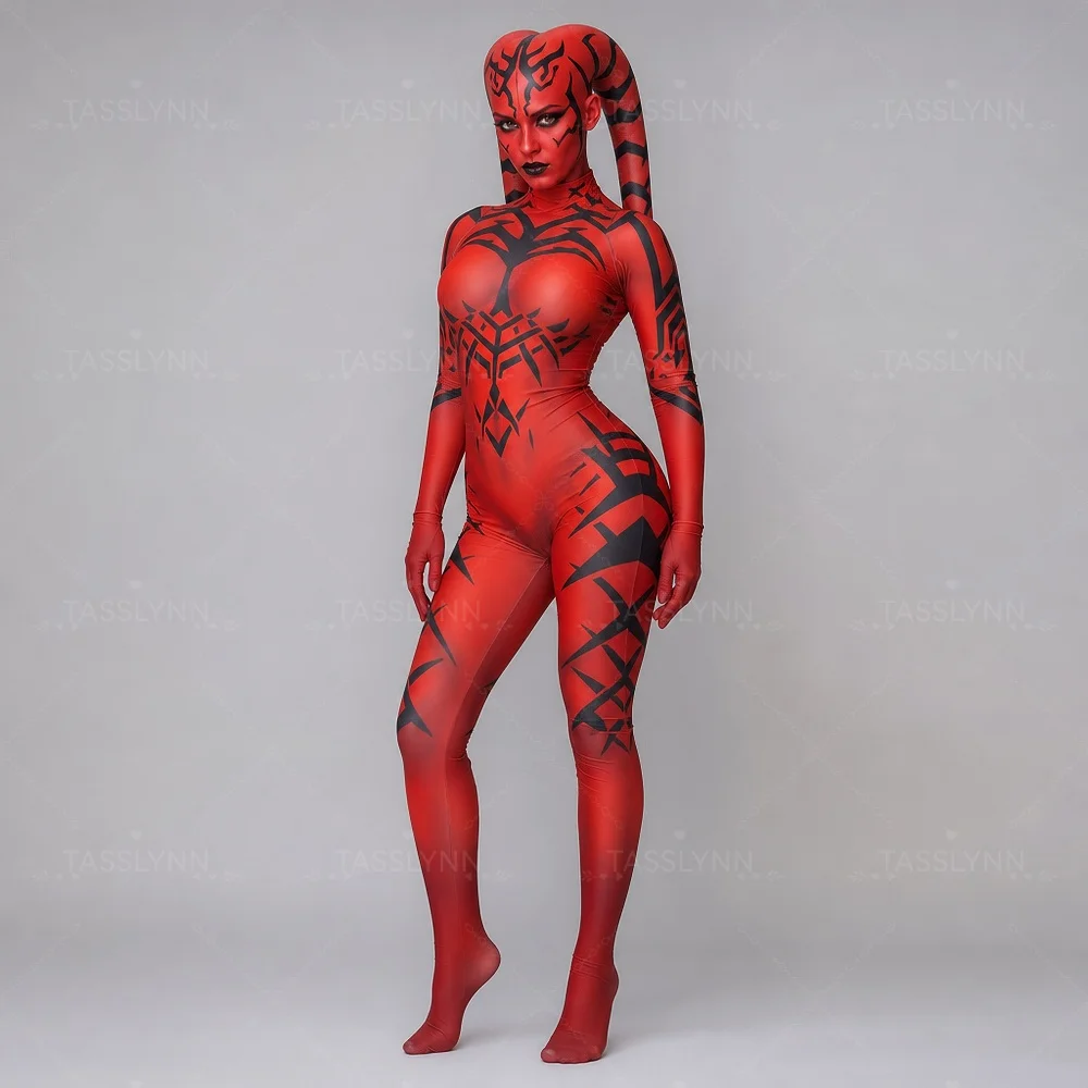Darth Talon Cosplay Zentai Bodysuit Sith Tribal Tattoo Full Jumpsuit Halloween Costume Women Twi'lek Sith Warrior Cos Outfit view 5