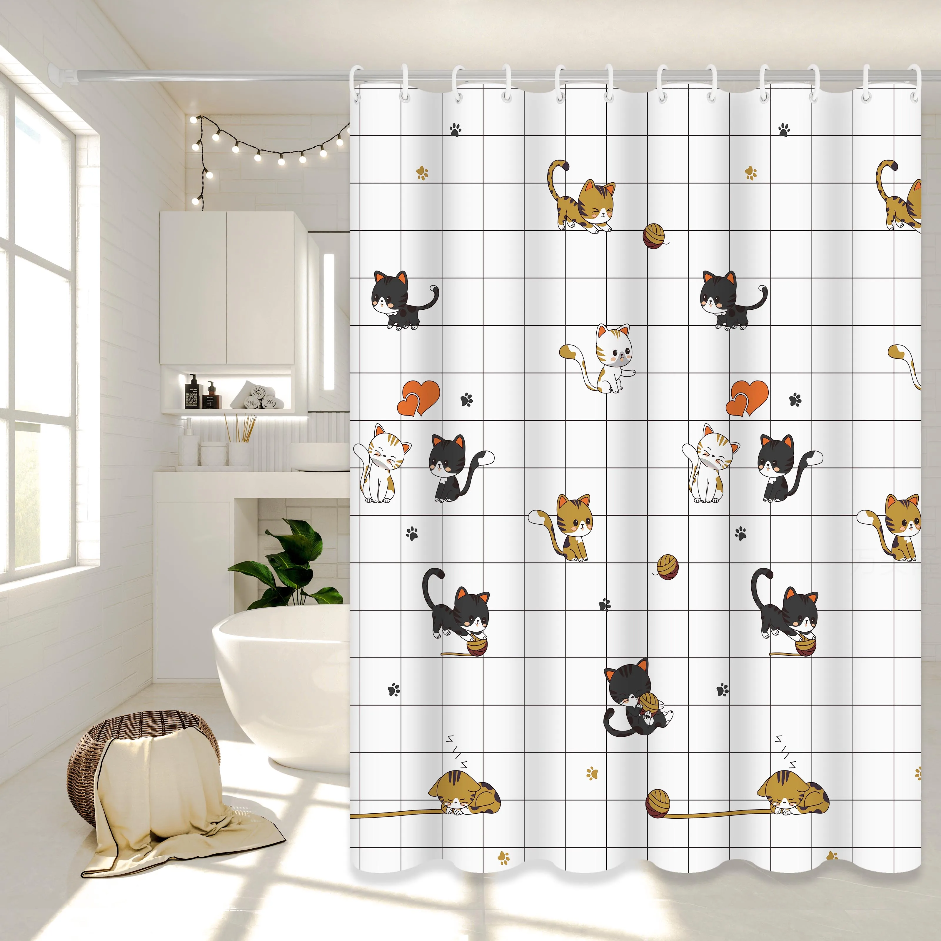 

Cute and Playful Cat Bathroom Partition Curtain, Soft and Adorable Cat Pattern Bathroom Divider Curtain, Easily Creates a Cozy Corner in the Bathroom