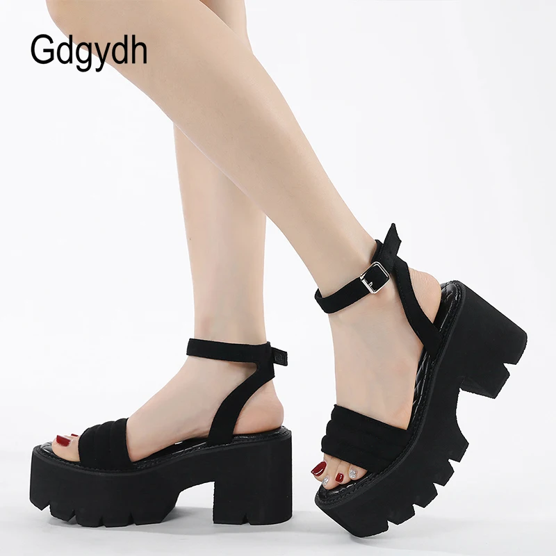 Gdgydh Faux Suede Women\'s High Platform Sandals Chunky Block Heels Open Toe Ankle Buckle Strap Backless Shoes for Party