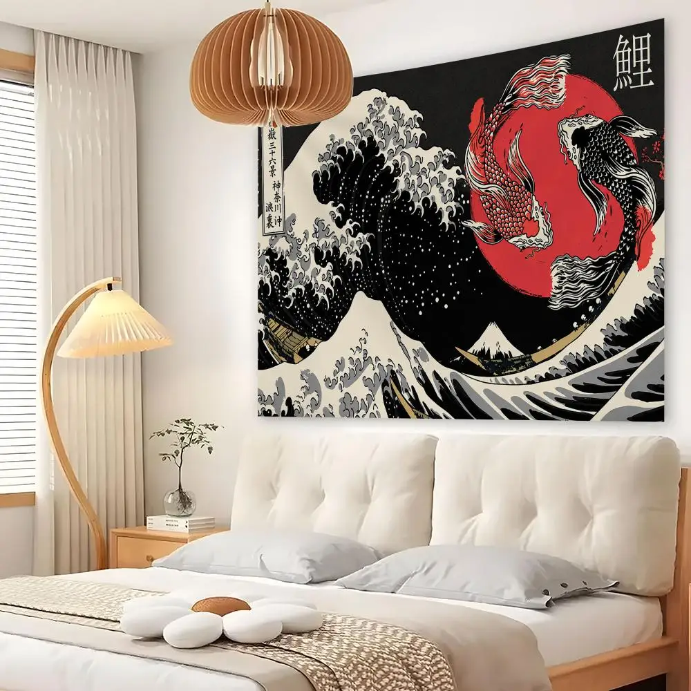 Japanese Wave Art Prints Tapestry Custom Living Bedroom Party Dormitory Interior Wall Bohemian Decoration Attached Clip