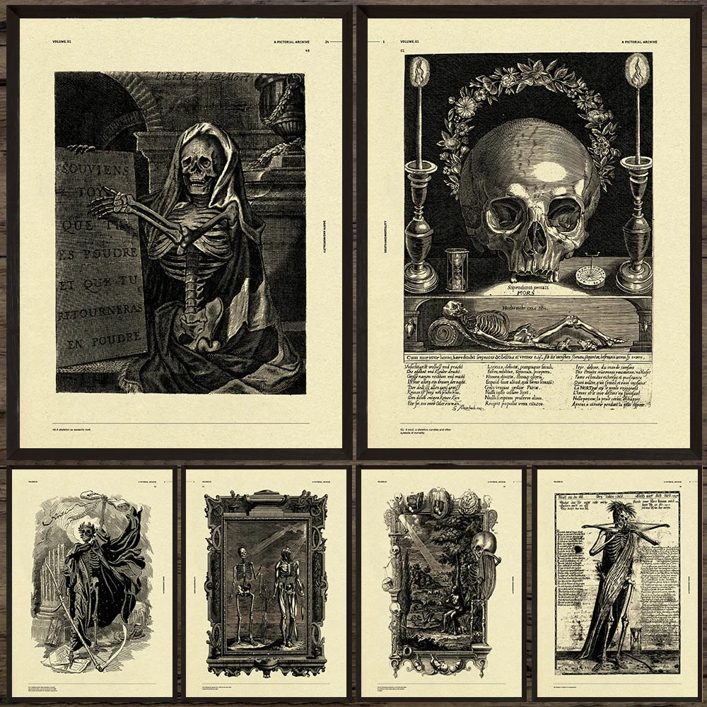 

Vintage Gothic Skull Skeleton Engraving Canvas Art,Vintage Memento Mori Wall Art,Antique Death & Skeleton Woodcut Art Poster