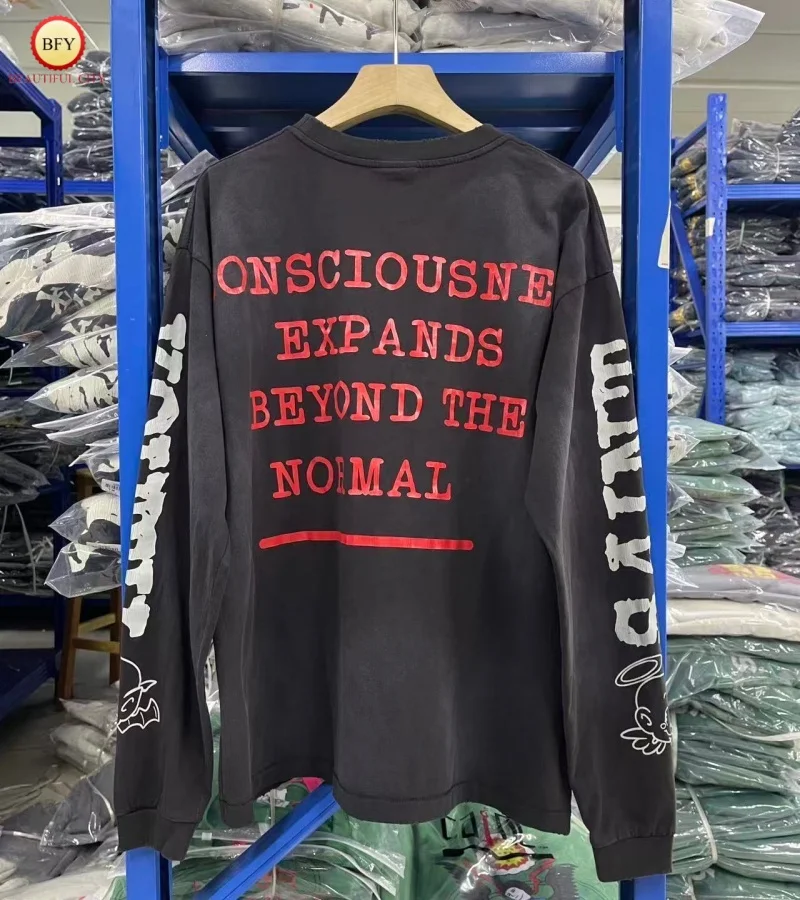 تي شيرت SAINT للرجال والنساء High Street 25AW وصل حديثًا تي شيرت عتيق بأكمام طويلة #2