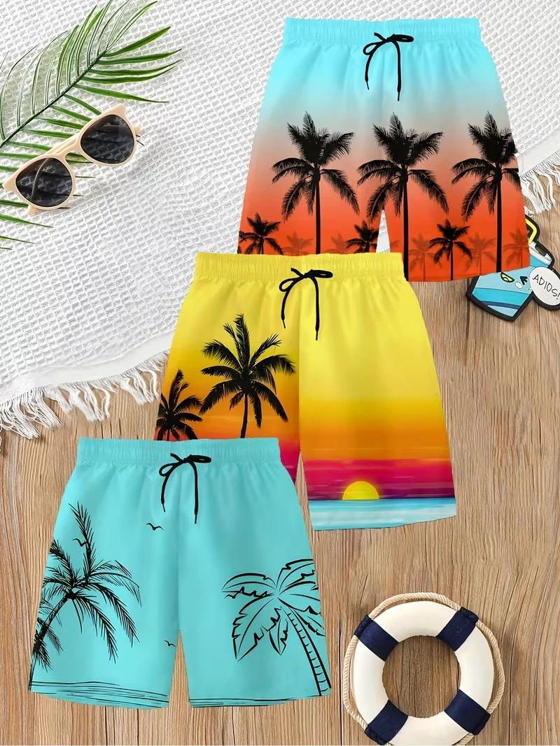 

Tropical Sunset Beach Coconut Tree Print Mens Shorts Quick Dry Swim Trunks For Family Vacation Swimming Surfing Seaside Travel