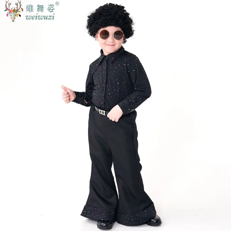 어린이 레트로 70s 디스코 의상 할로윈 카니발 어린이 스팽글 가수 댄서 코스프레 옷 소년 가발 셔츠 바지 의상