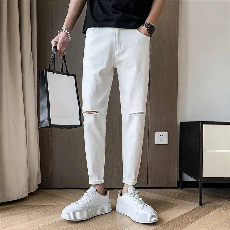 2024 Spring New Male Knee Ripped Jeans Men's Straight Slim Small Feet Denim Trousers Streetwear Stretch Casual Pants