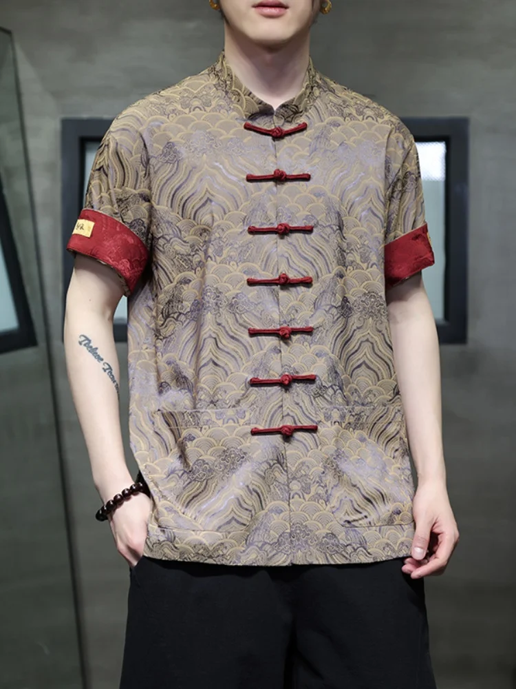 

Новая мужская рубашка в китайском стиле из ледяного шелка с коротким рукавом, летняя свободная верхняя одежда с полурукавом, дышащая, тонкая, модная, в стиле Ханьфу