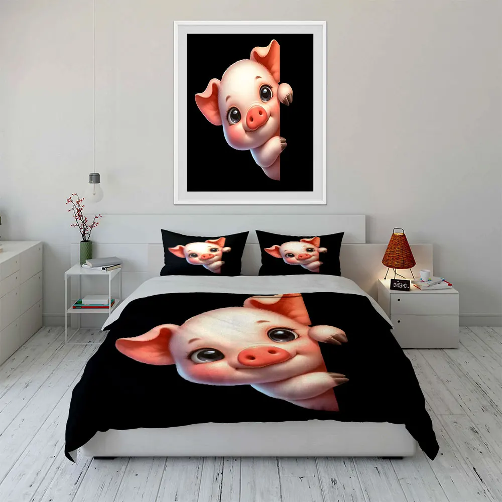A Cute Pink Cartoon Piggy Print Soft Comfortable Duvet Cover Bedding Set Included 1*Duvet Cover  2*Pillowcases Luxury Gift