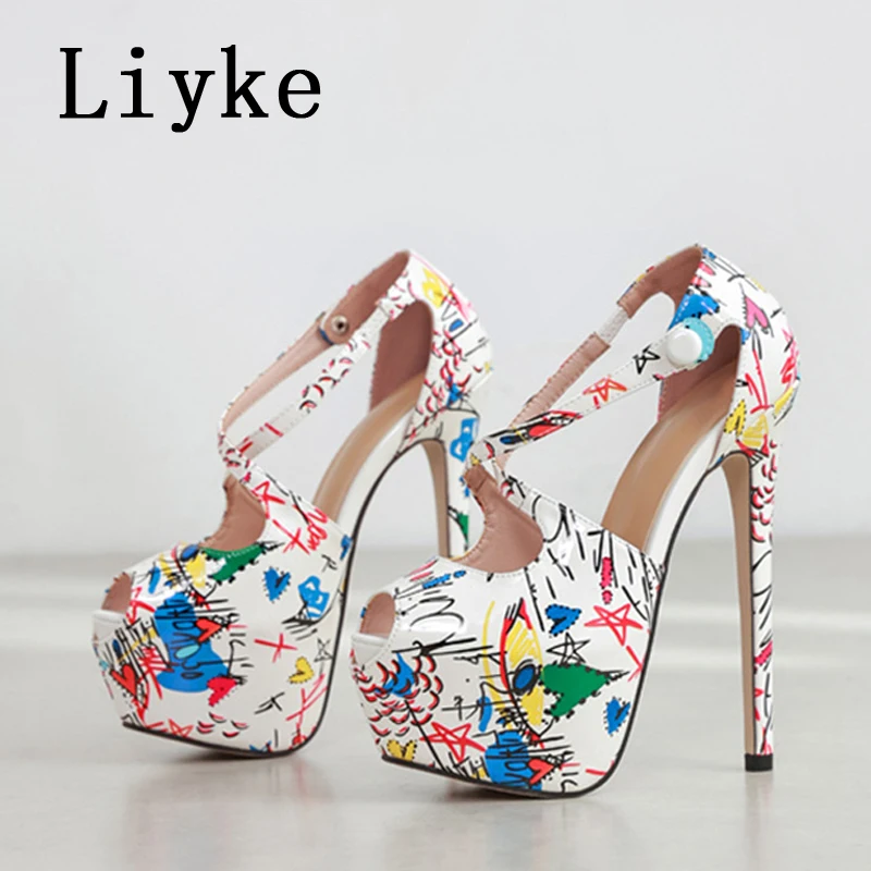 Liyke Sexy Peep Toe Super High Heels For Ladies Chic Buckle Strap Fashion Hand-Painted Leather Platform Shoes Women Pumps Sandal