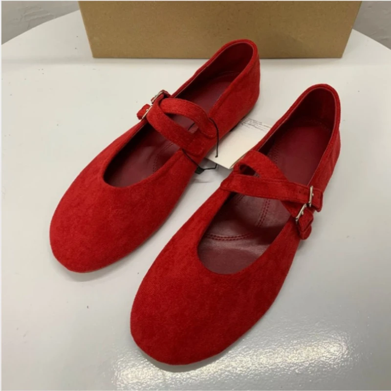 2025 Spring New Women\'s Ballet Flats Retro Red Double Belt Buckle Decoration Casual High Quality Big Size Lady Mary Jane Shoes