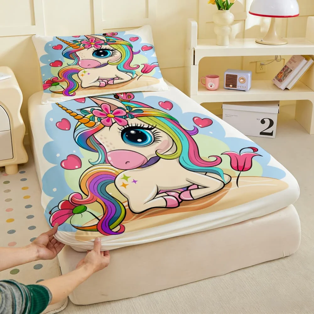 1pc Rainbow Mane Unicorn Flowers Print Fitted Sheet Deep Pocket Elastic Mattress Cover Single Double Queen King Bedroom Decor
