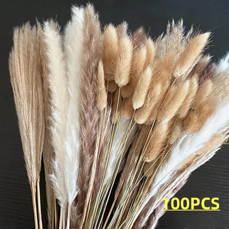 100Pcs Fluffy Pampas Dried Flowers Bouquet Home Decor Natural Bunny Rabbit Tail Grass Artifical Flower Wedding Party Decoration